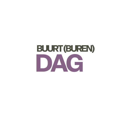 Afbeelding met de tekst 'BUURT(BUREN) DAG', waarbij 'BUURT' neutraal gekleurd is en 'DAG' in paars.