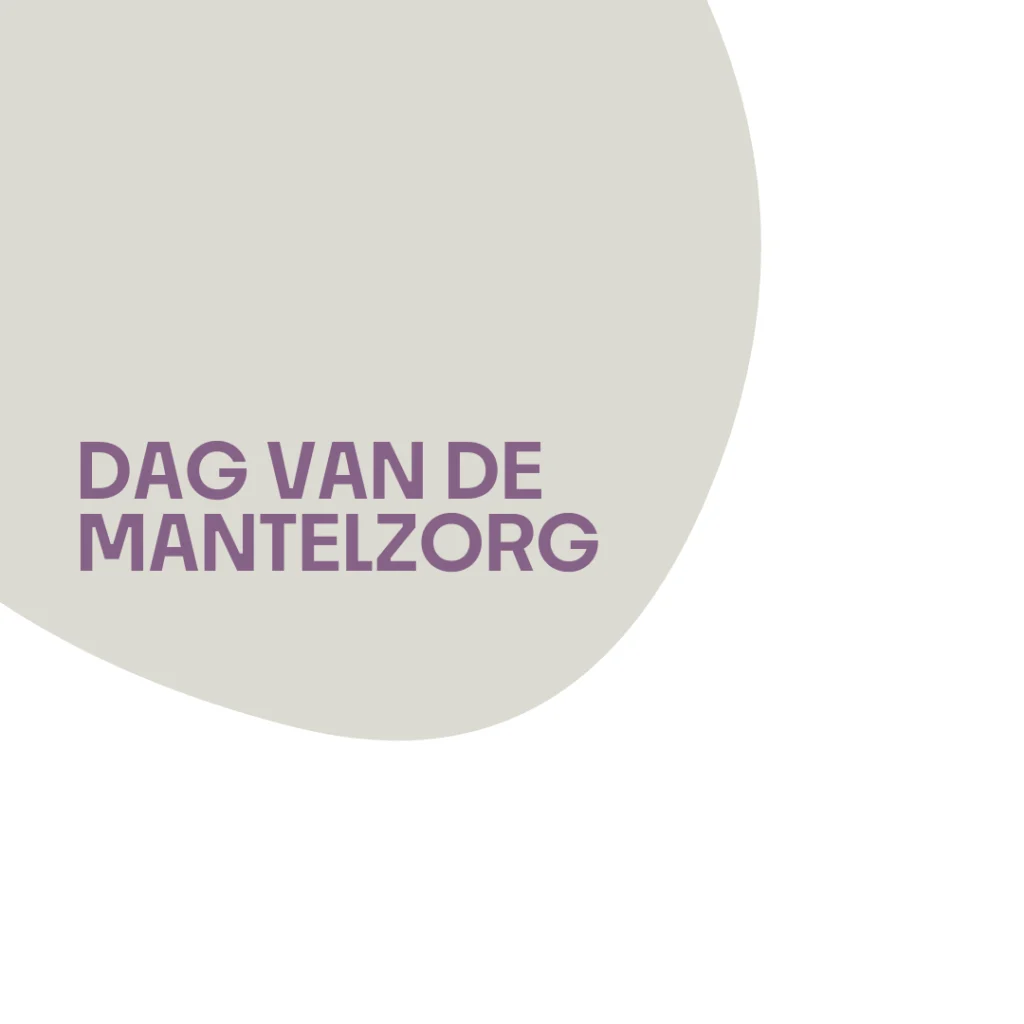 Minimalistisch ontwerp met crèmekleurige achtergrond en paarse tekst 'DAG VAN DE MANTELZORG' in grote onregelmatige vorm