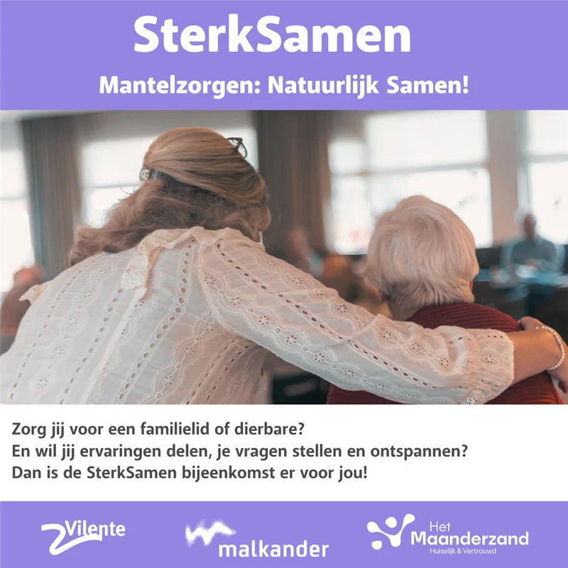 Tekstoverzicht met titel SterkSamen voor mantelzorgers en mensen in groepssetting op achtergrond