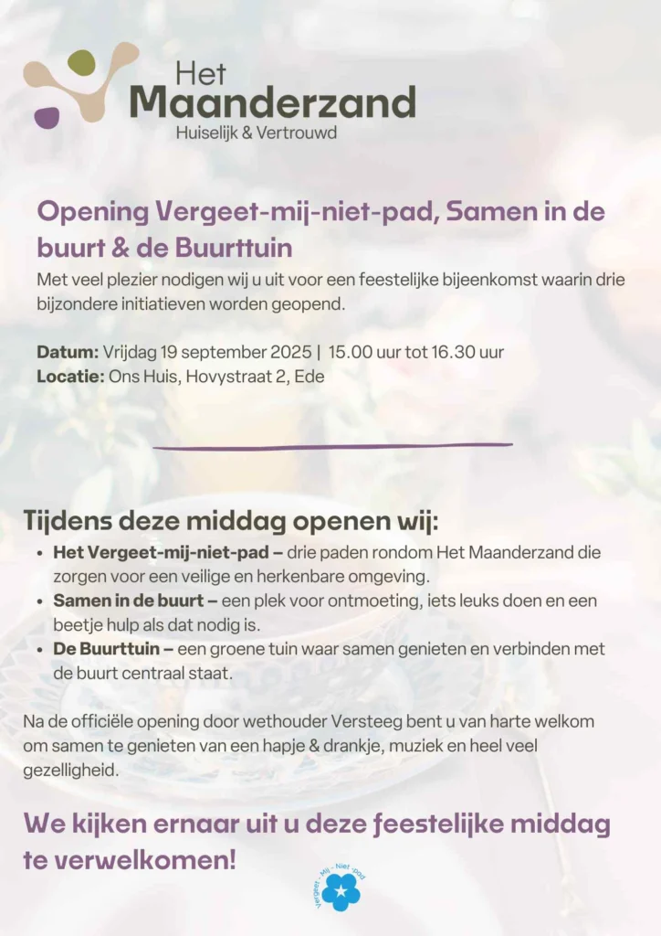 Uitnodiging voor opening Vergeet-mij-niet-pad, Samen in de buurt en de Buurtuin op 19 september 2025